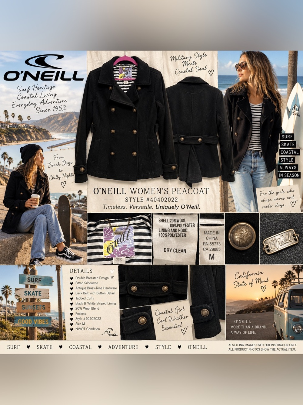 NWOT O’Neill Wool Blend Peacoat M Black Military Surf Skate Coastal Jacket